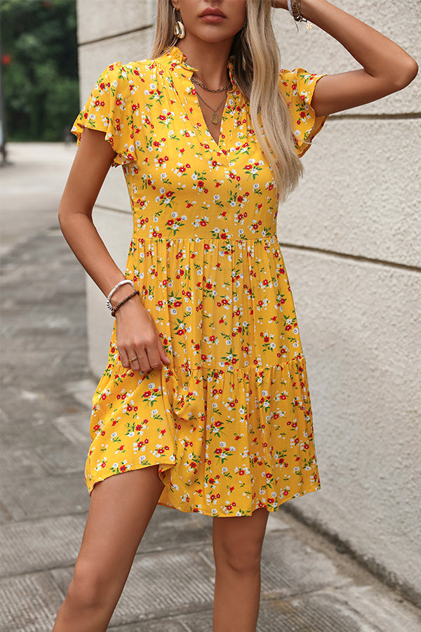 Fashion Floral Print V Neck Cute Mini Dress