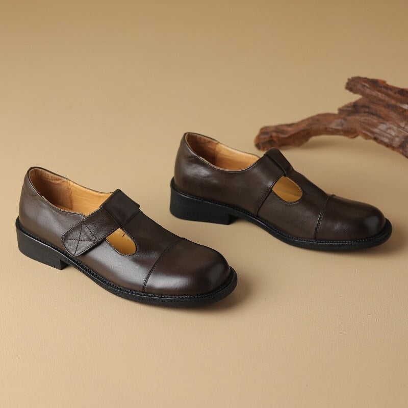 Vintage Leather T-strap Mary Jane Shoes For Women Round Toe in Coffee/Brown