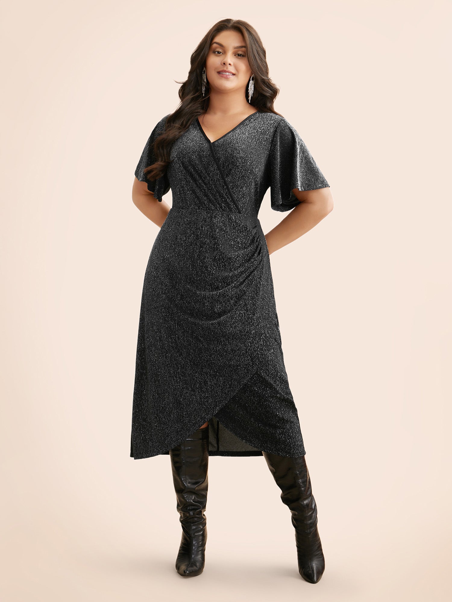 Luxe Overlap Collar Ruffle Sleeve Dress