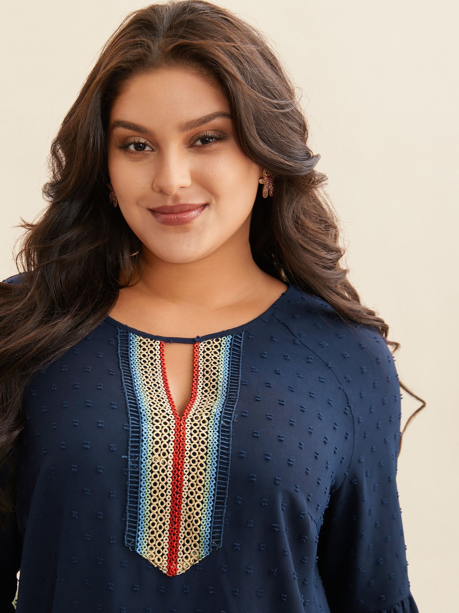 Textured  Embroidered Neckline A-Line Blouse