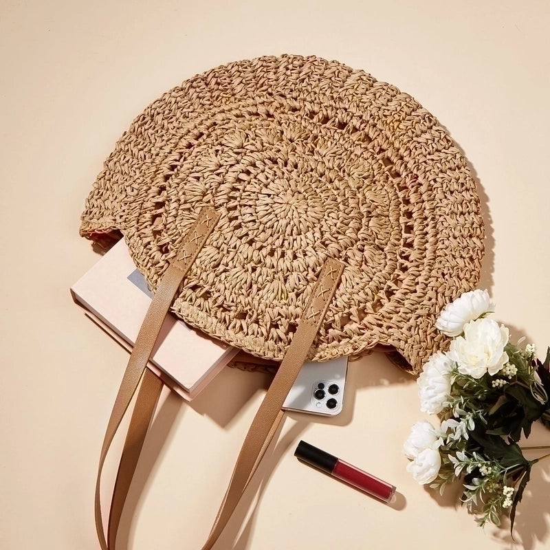 Women's Large Straw Geometric Beach Weave Round Zipper Circle Bag