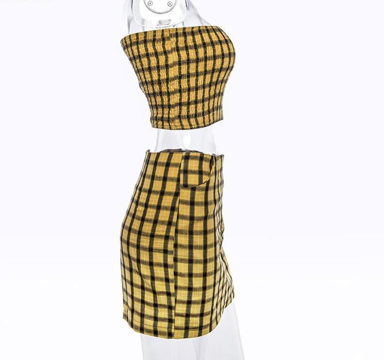 Plaid Tube Top Skirt Two Piece Set