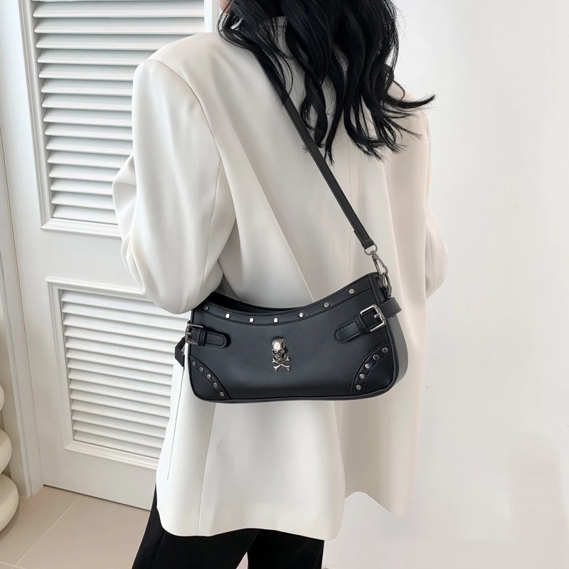 Halloween Women's Pu Leather Cross Skull Punk Sewing Thread Zipper Crossbody Bag