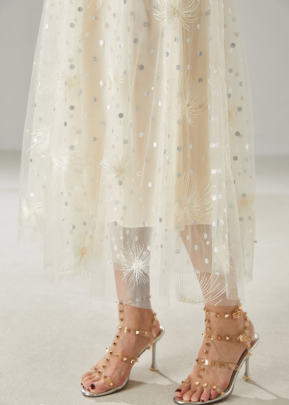 Beautiful Milk White Embroidered Sequins Tulle Skirts Summer