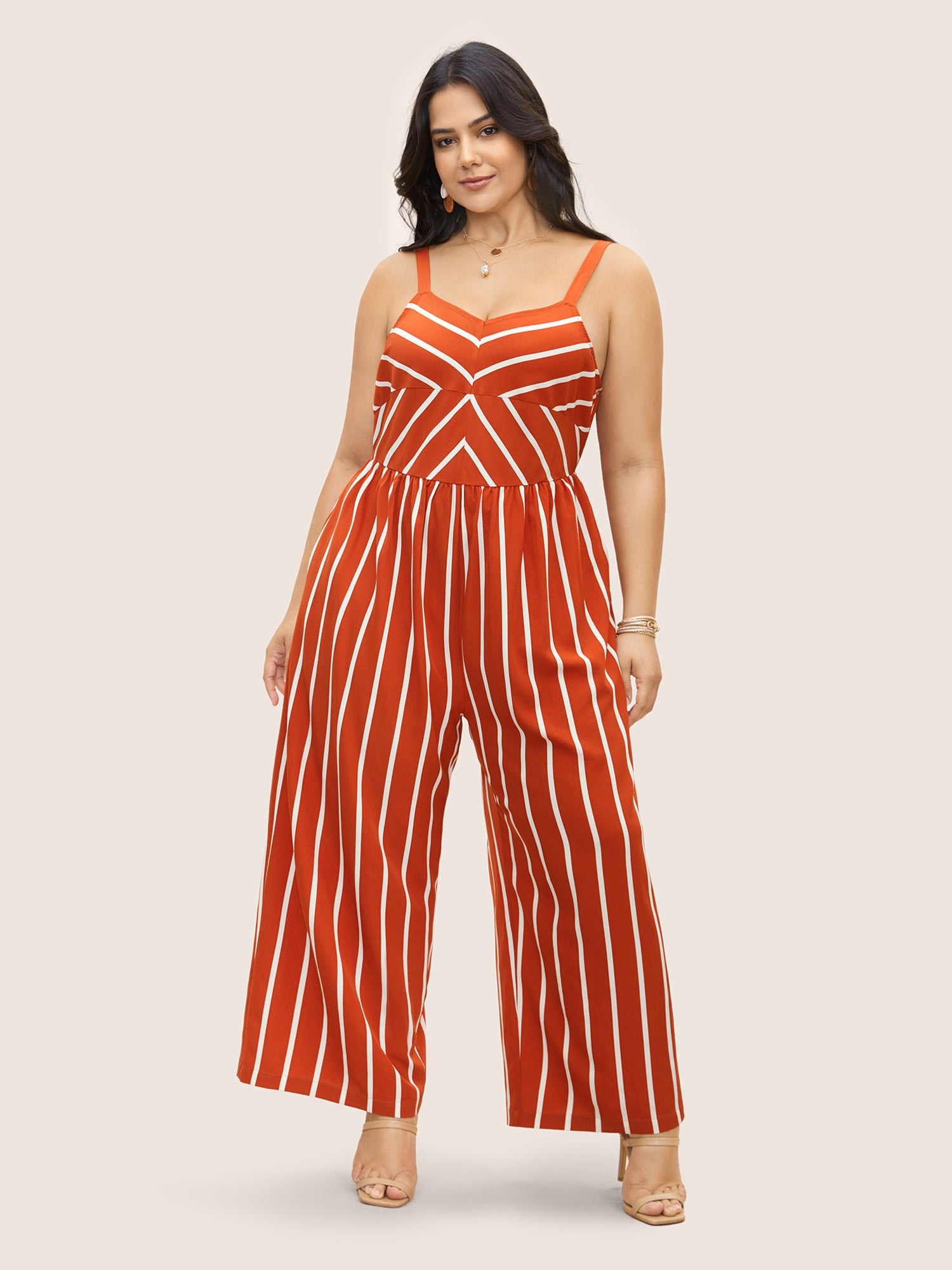 Contrast Striped V Neck Adjustable Straps Jumpsuit