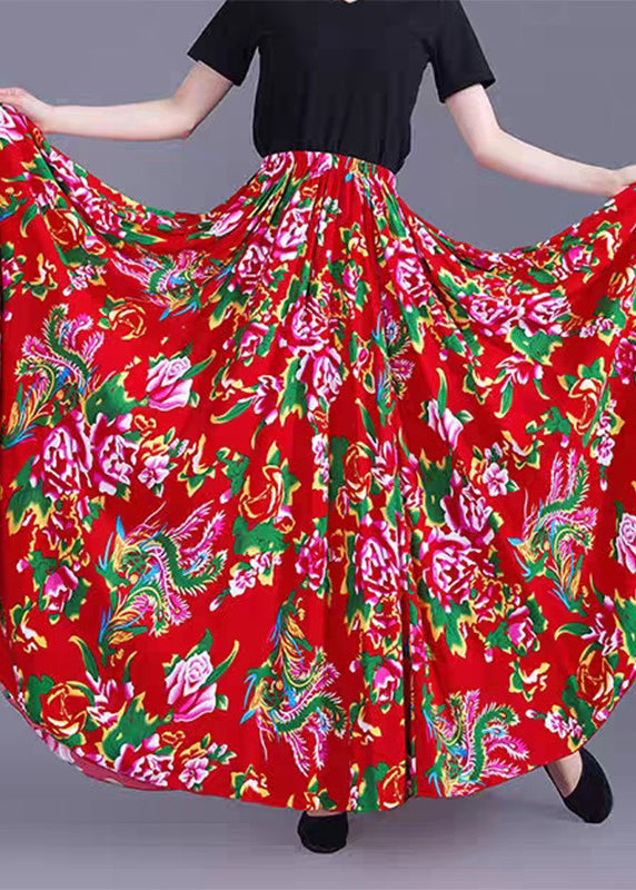 New Red Print Elastic Waist Chiffon Maxi Skirts Summer