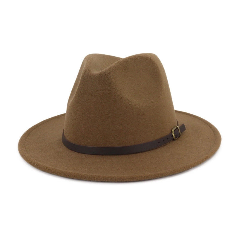 New Women's Woolen Brown Belt Buckle Top Hat Men And Women Couple Hat Flat Brim Big Brim Jazz Hat