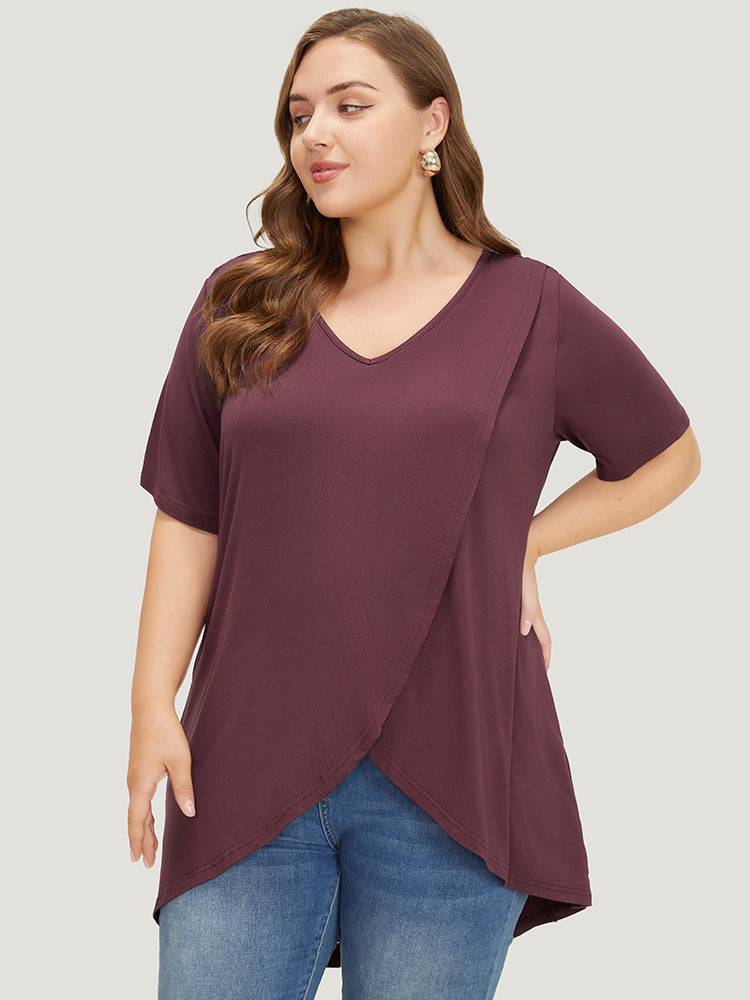 Plain V Neck Wrap High Low Hem T-shirt
