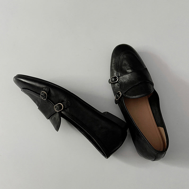 British Style Round Toe Monk Strap Low Heel Loafers in Brown/Black
