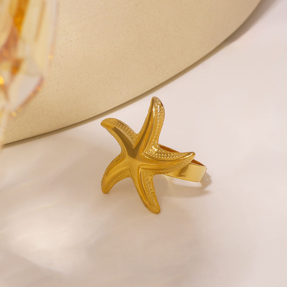 Fashion Starfish Beach Ocean Trend Stainless Steel Open Ring Five-Pointed Star 18K Gold Ring Female