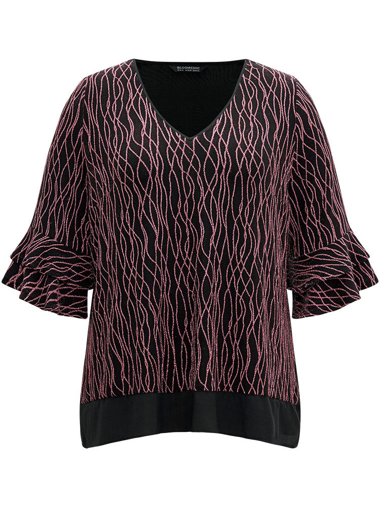 Lurex Layered Ruffle Sleeve Patchwork Blouse