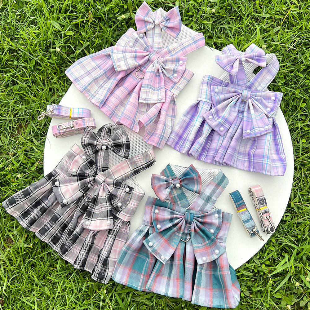 Pearl Decor Plaid Dog Harness Dress&Leash