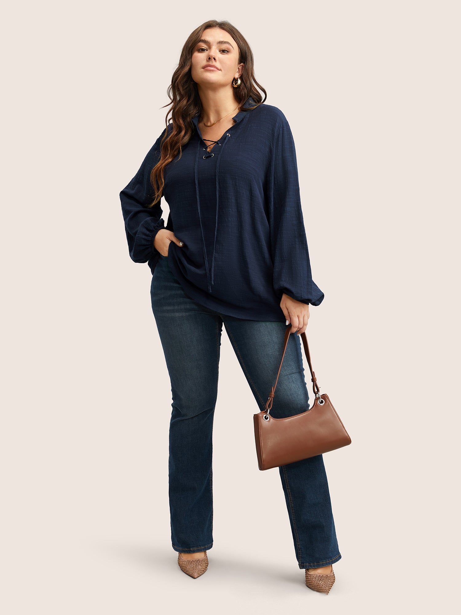 Plain Lace Up Lantern Sleeve Blouse