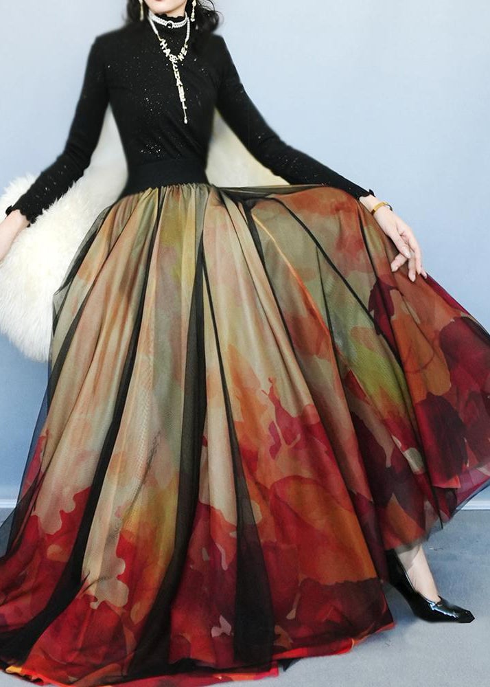 Stylish Gradient Color Print High Waist Tulle Skirts Spring