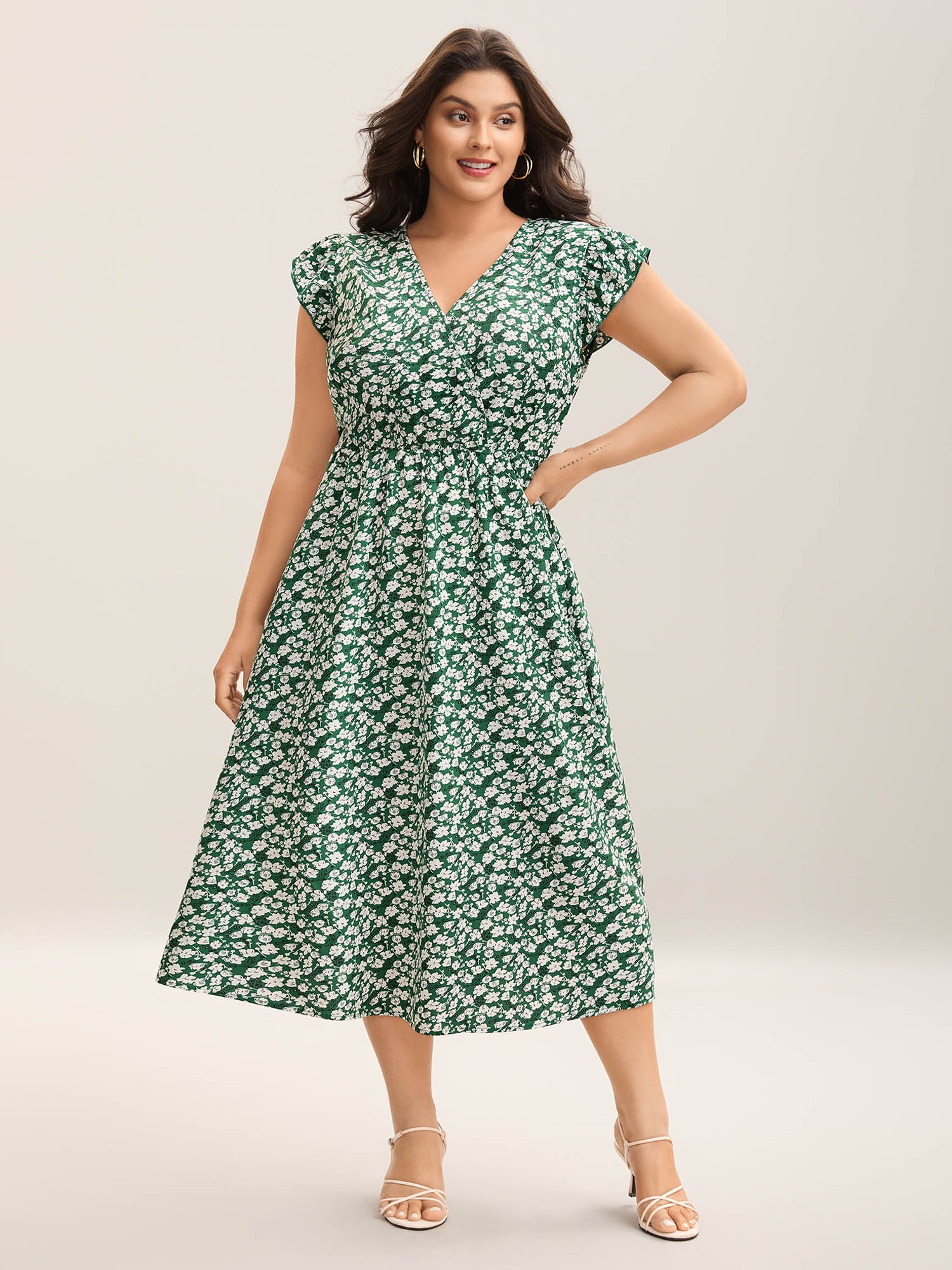 Breezy Floral Print Flutter Sleeve Midi Dress