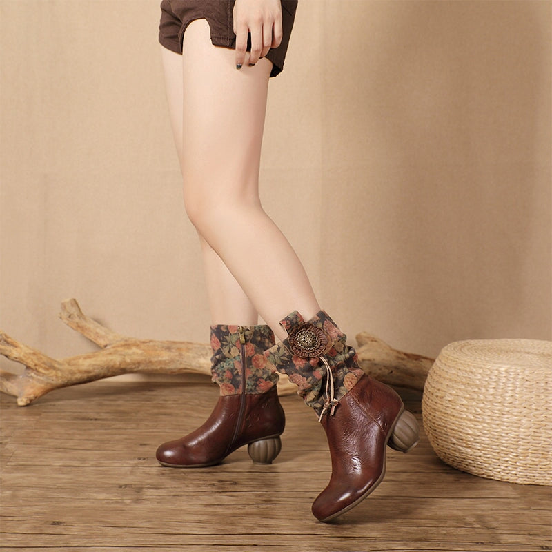 Women's Leather Ankle Boots Retro Comfortable Walking Round Toe Mid Heels in Coffee