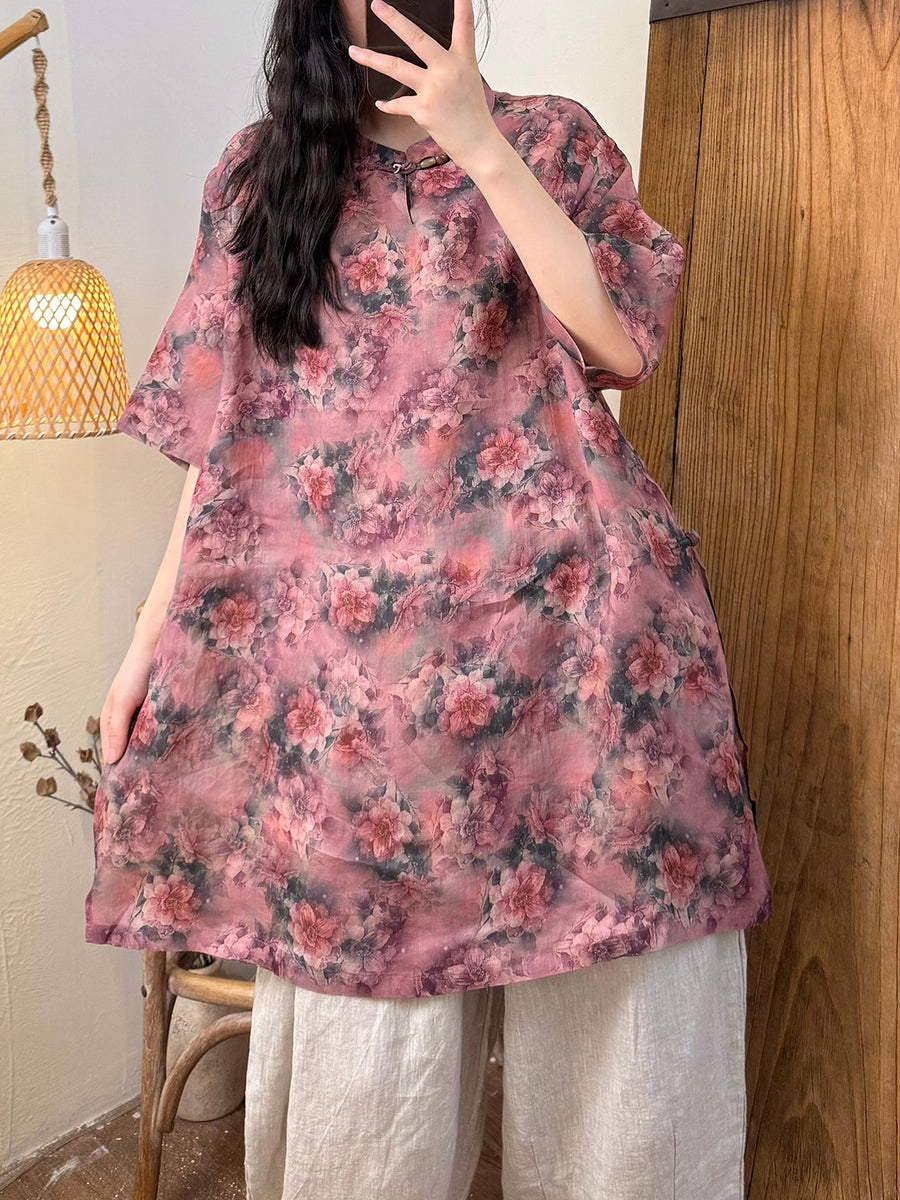 Women Summer Retro Flower Ramie Stand Collar Long Shirt