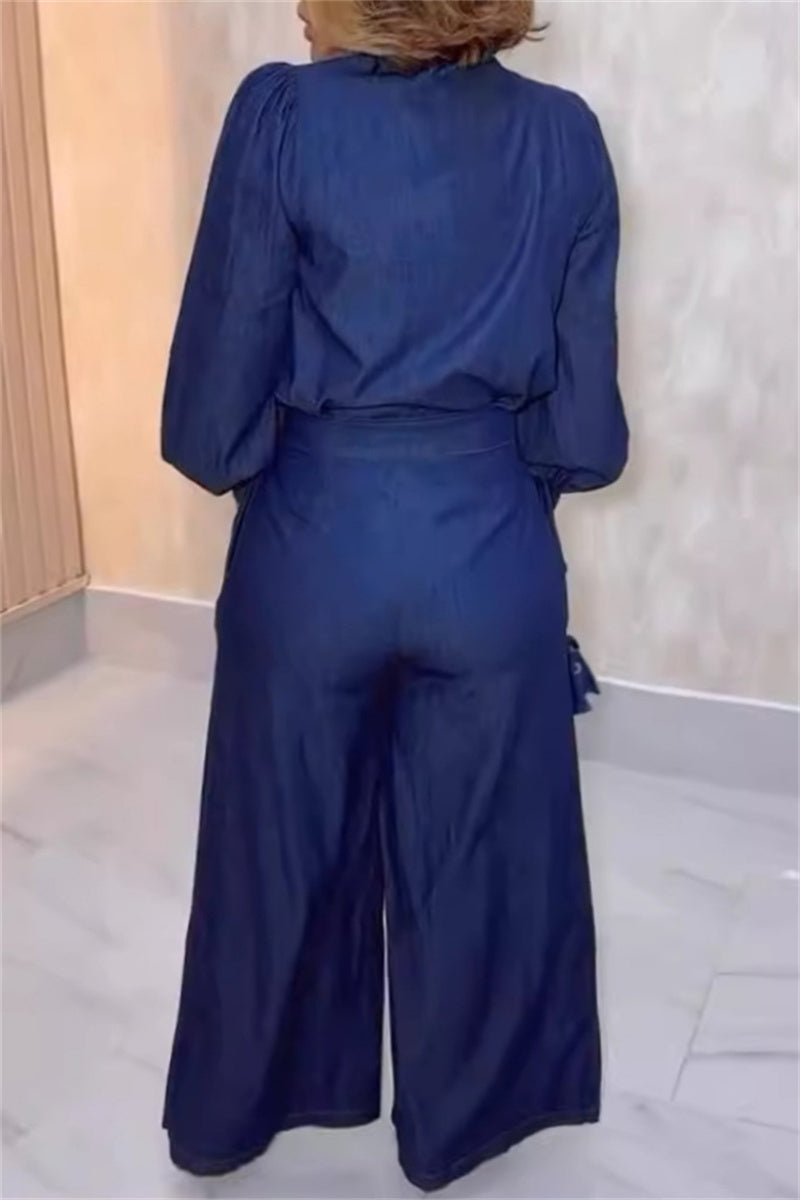 Elegant Solid Color Pants Knotted Half A Turtleneck Long Sleeve Two Pieces