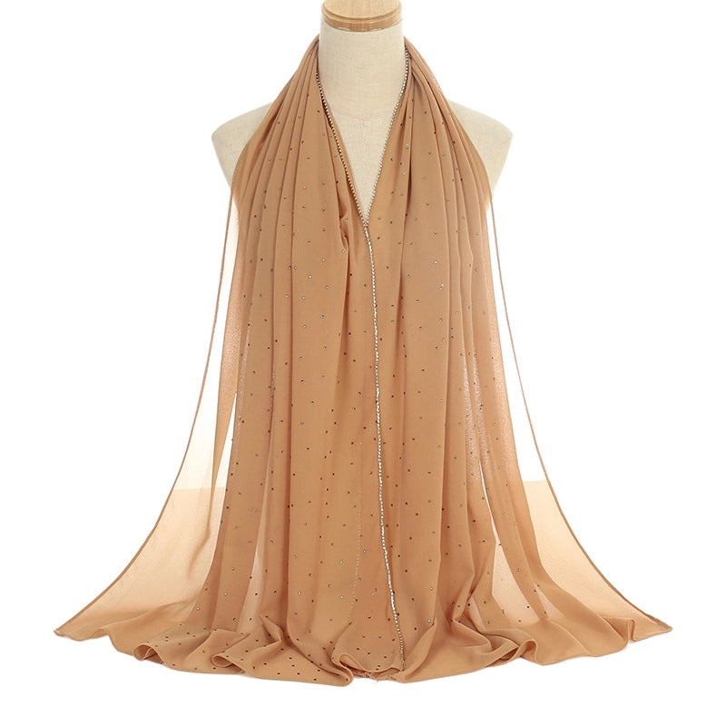 New Rhinestone Chain Pearl Chiffon Long Scarf Casual Diamond Headscarf Scarf Scarf Women's Scarf
