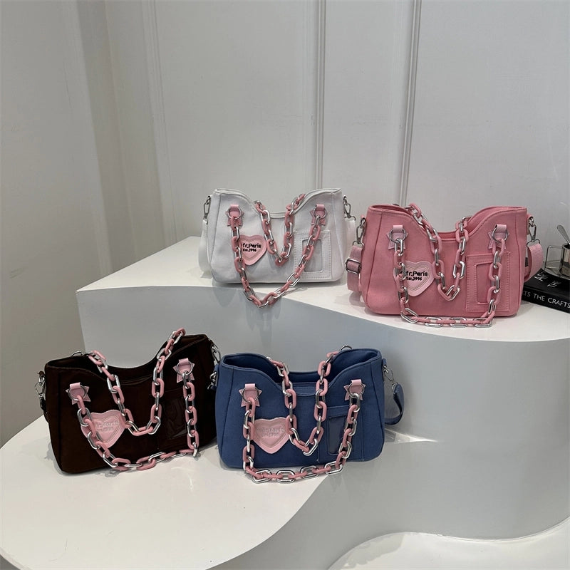 3 Pieces Women'S Canvas Letter Color Block Heart Shape Streetwear Chain Square Zipper Shoulder Bag Crossbody Bag