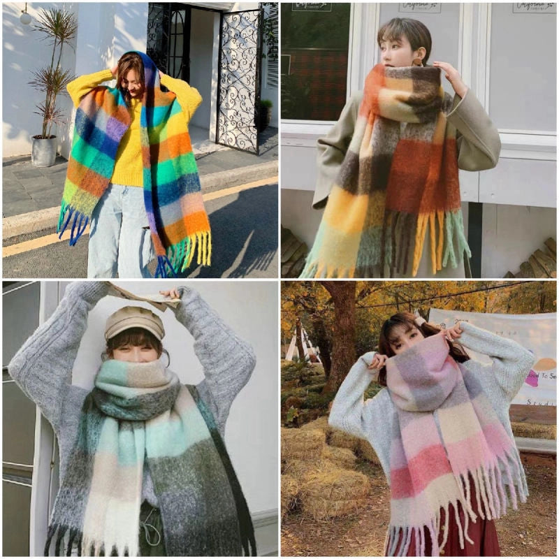 Rainbow Plaid Scarf Women's Autumn And Winter Thickened Mohair Student Couple Contrast Color Matching Thickened