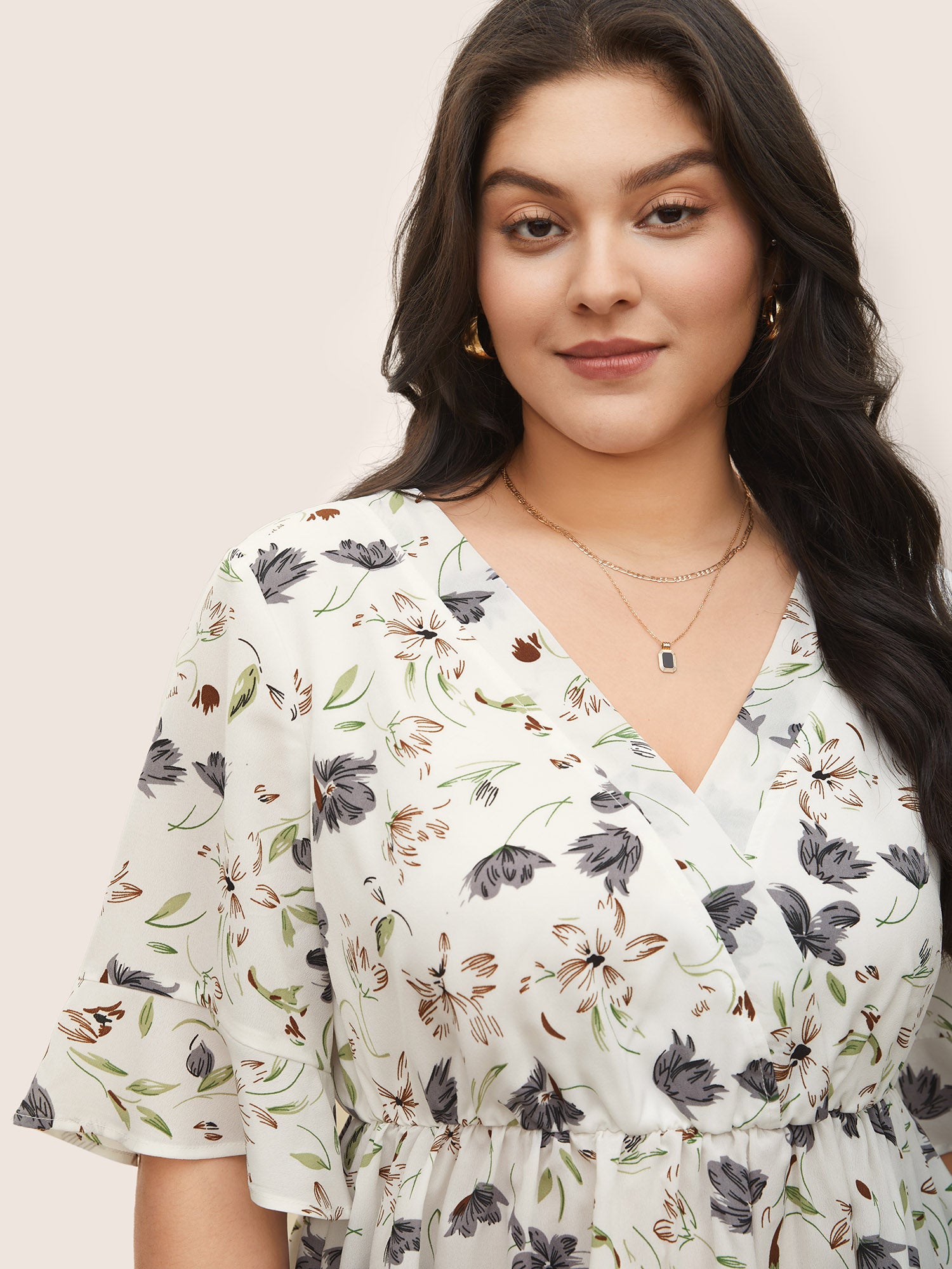 Floral Surplice Neck Ruffles Gathered Blouse