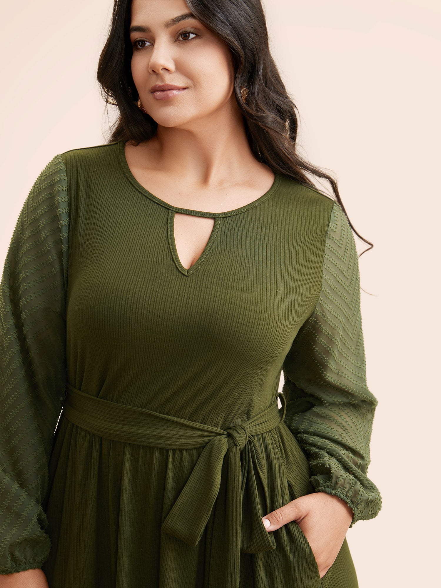 Textured Patchwork Keyhole Belted Dress