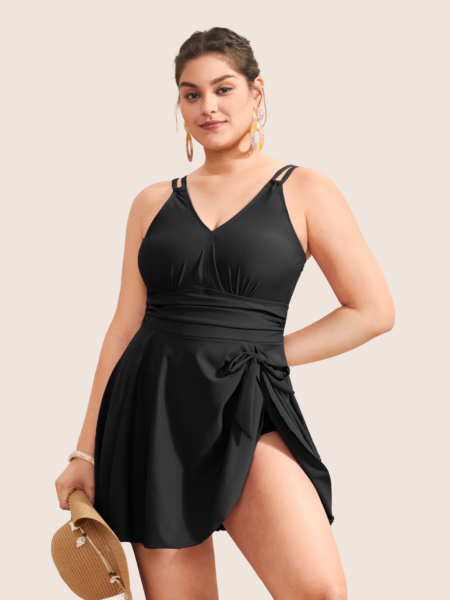 Plain Gathered Knot Adjustable Straps Swim Dress