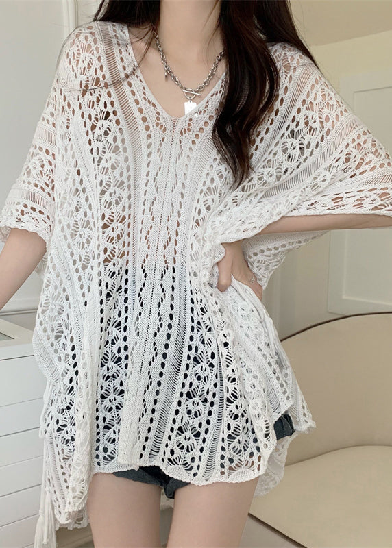 White Patchwork Hollow Out Knit T Shirts Summer