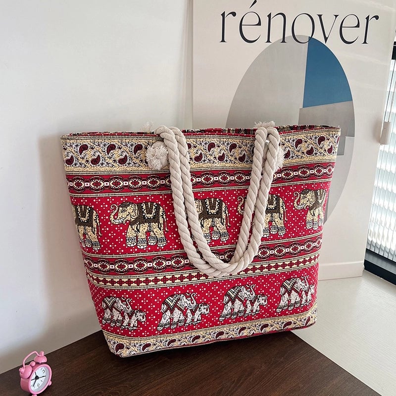 Women's Medium Canvas Geometric Stripe Streetwear Sewing Thread Square Zipper Tote Bag