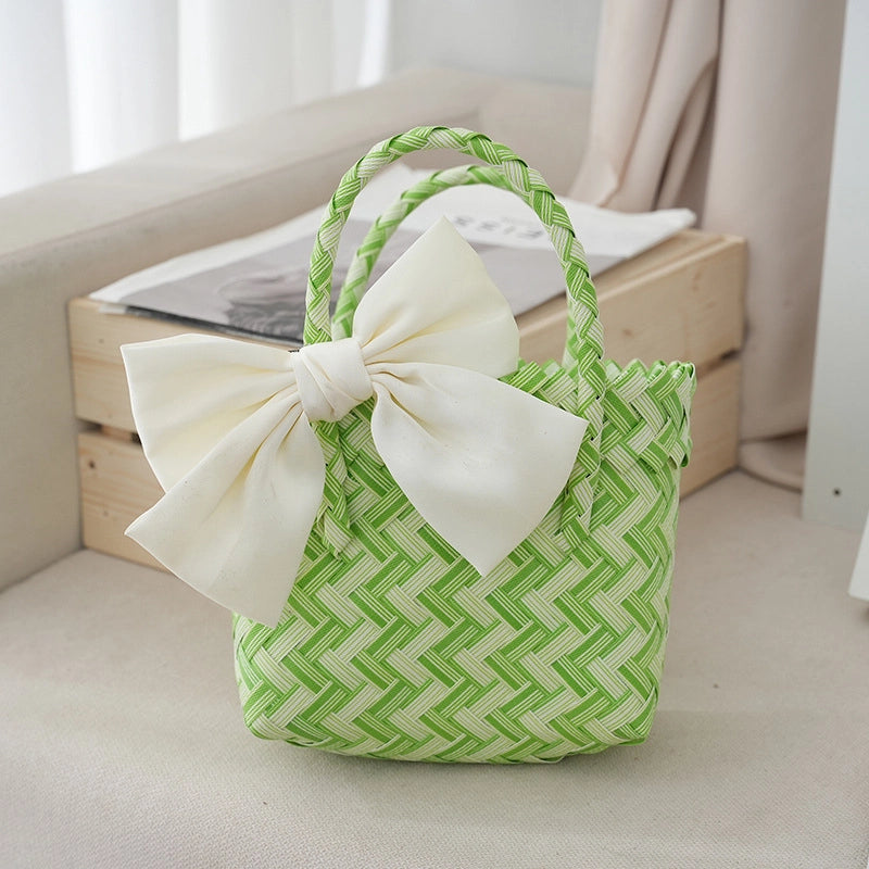 Women's Small PVC Stripe Bow Knot Cute Weave Square Open Handbag