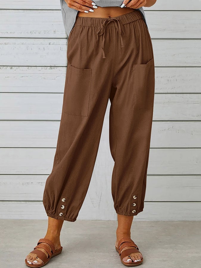 Solid Color Casual With Pocket Buttons Cotton Linen Trousers