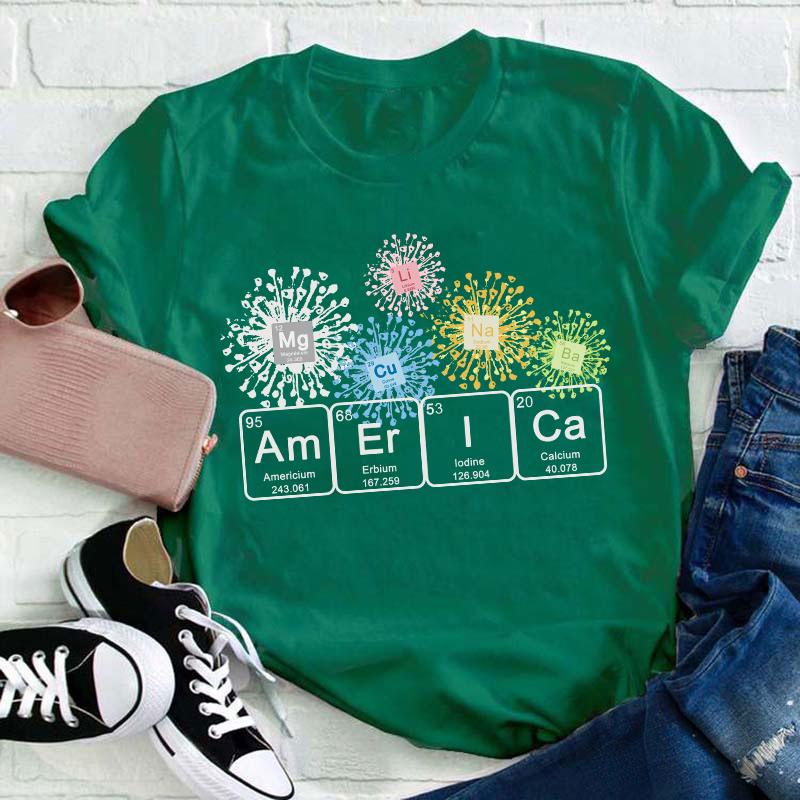 America Spelled With The Periodic Table of the Elements Teacher T-Shirt