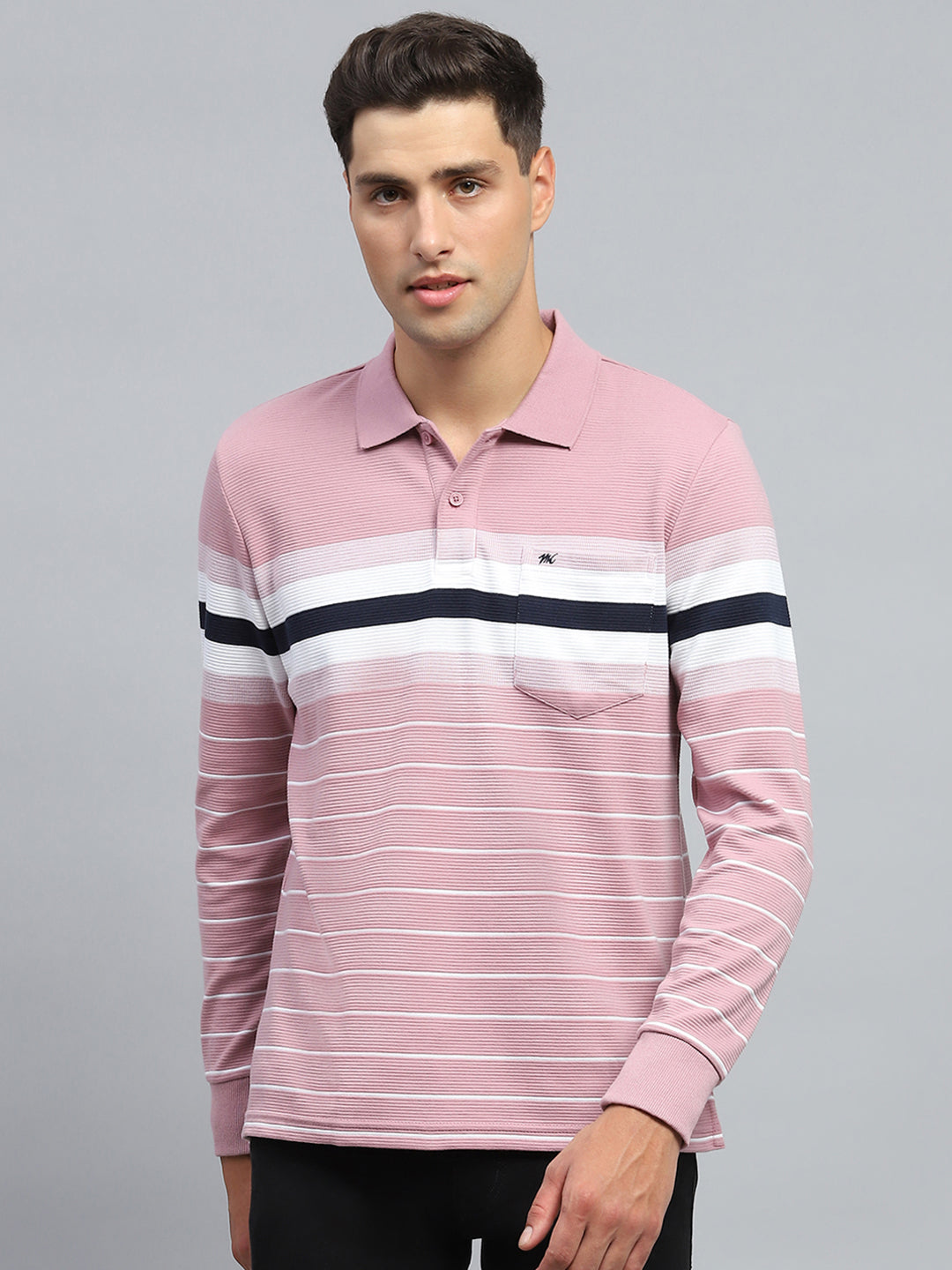 Men Pink Stripe Collar Full Sleeve Winter T-Shirt