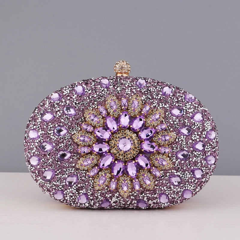 Red Green Blue Pu Leather Polyester Flower Rhinestone Oval Evening Bags