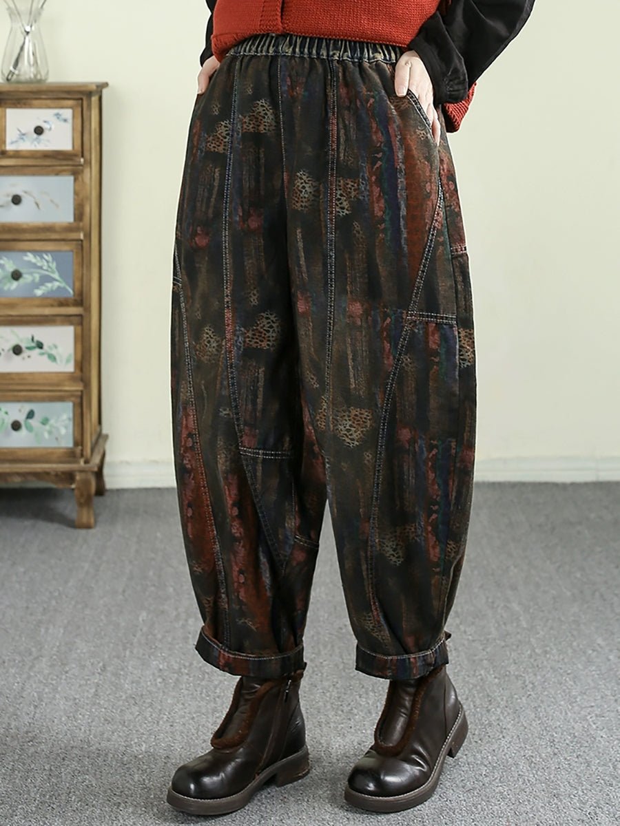 Women Spring Retro Print Spliced Denim Harem Pants