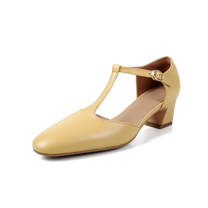 50mm Block Heel Leather T-Strap Mary Jane Summer Shoes in Yellow/White