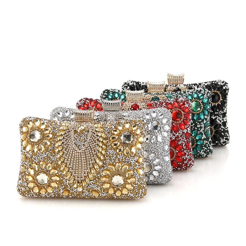Black Gold Silver Rhinestone Color Block Square Evening Bags