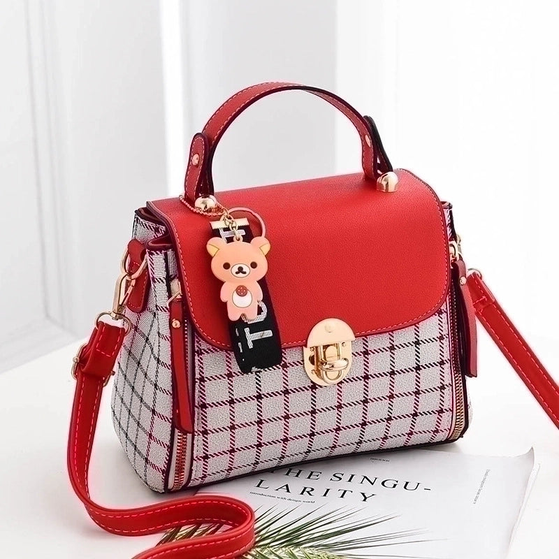 Women's Medium Pu Leather Plaid Cute Ornament Square Flip Cover Crossbody Bag