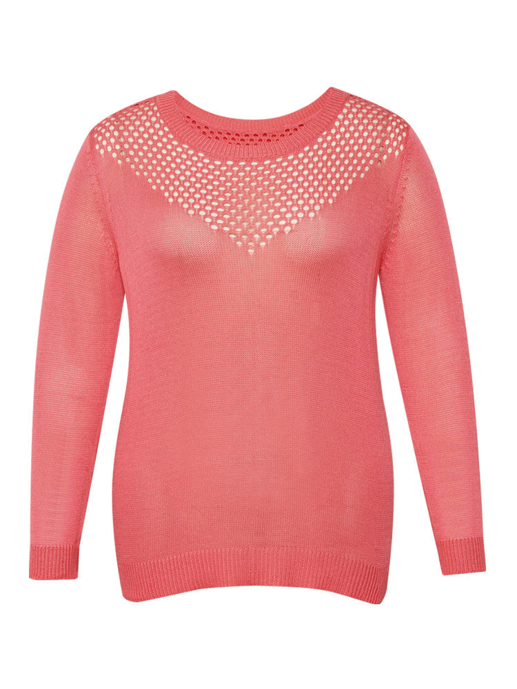 Plain Patchwork Cut Out Round Neck Pullover