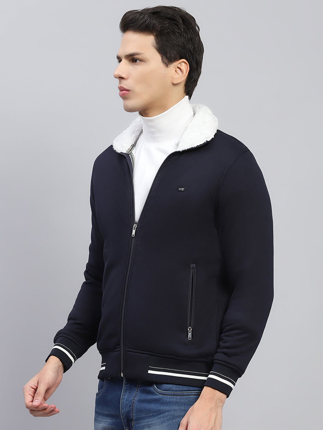 Men Navy Blue Solid Collar Full Sleeve Sweatshirt