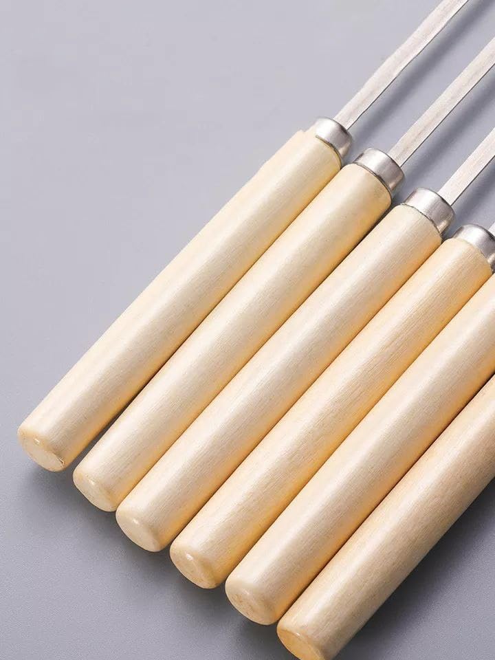 (Pack of 6) 29cm Reusable Flat Barbecue Stainless Steel Skewers Set with Wooden Handle
