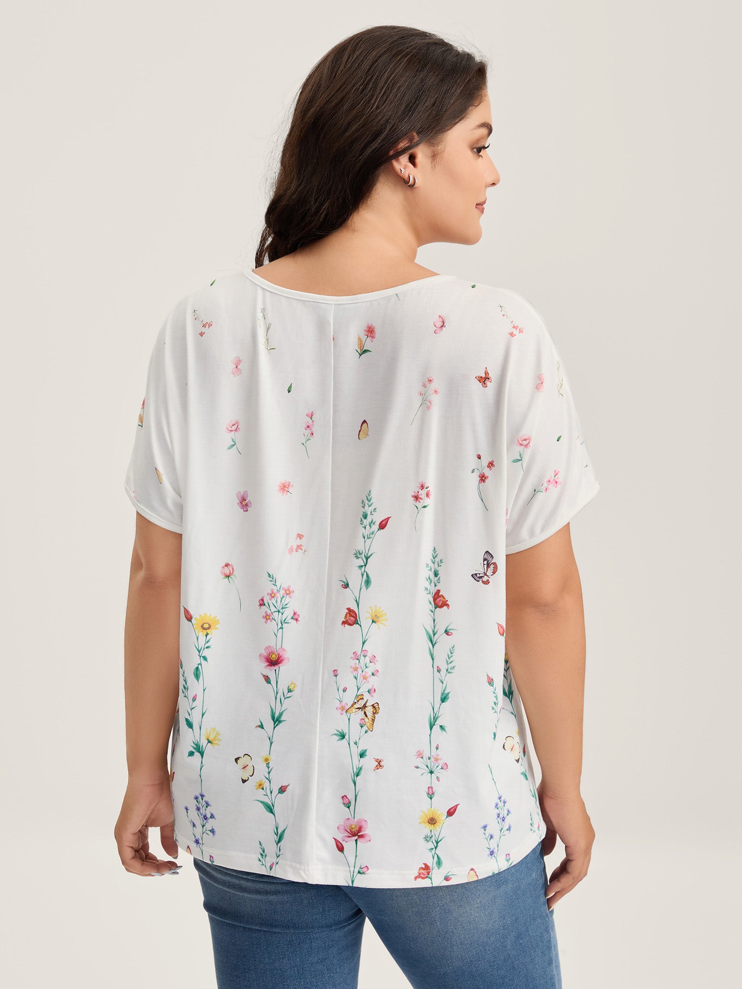 Stretchy Floral Print Round Neck T-Shirt