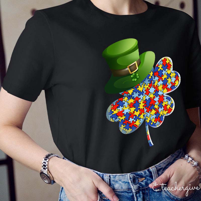 Puzzle Clover Wearing Leprechaun Hat Teacher T-Shirt