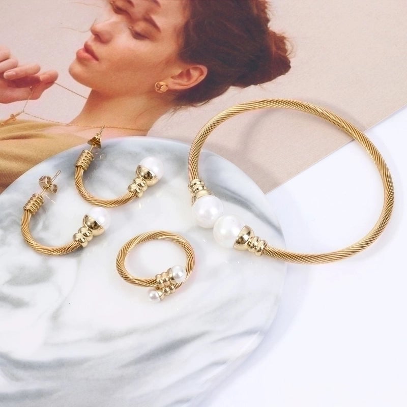 Casual Minimalist Spiral Stripe Stainless Steel Copper Braid Inlay Pearl Rings Bracelets Earrings