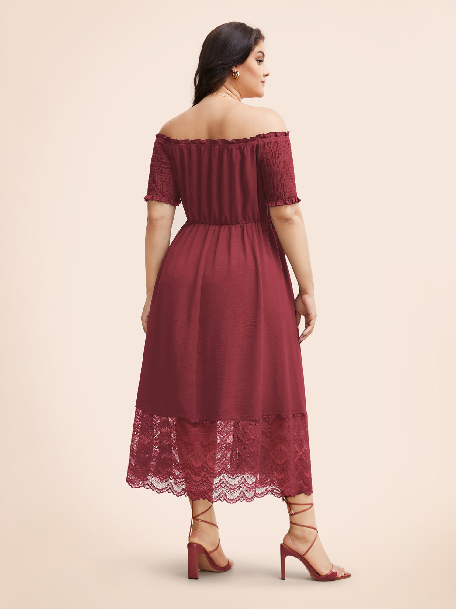 Off Shoulder Shirred Lace Patchwork Dress