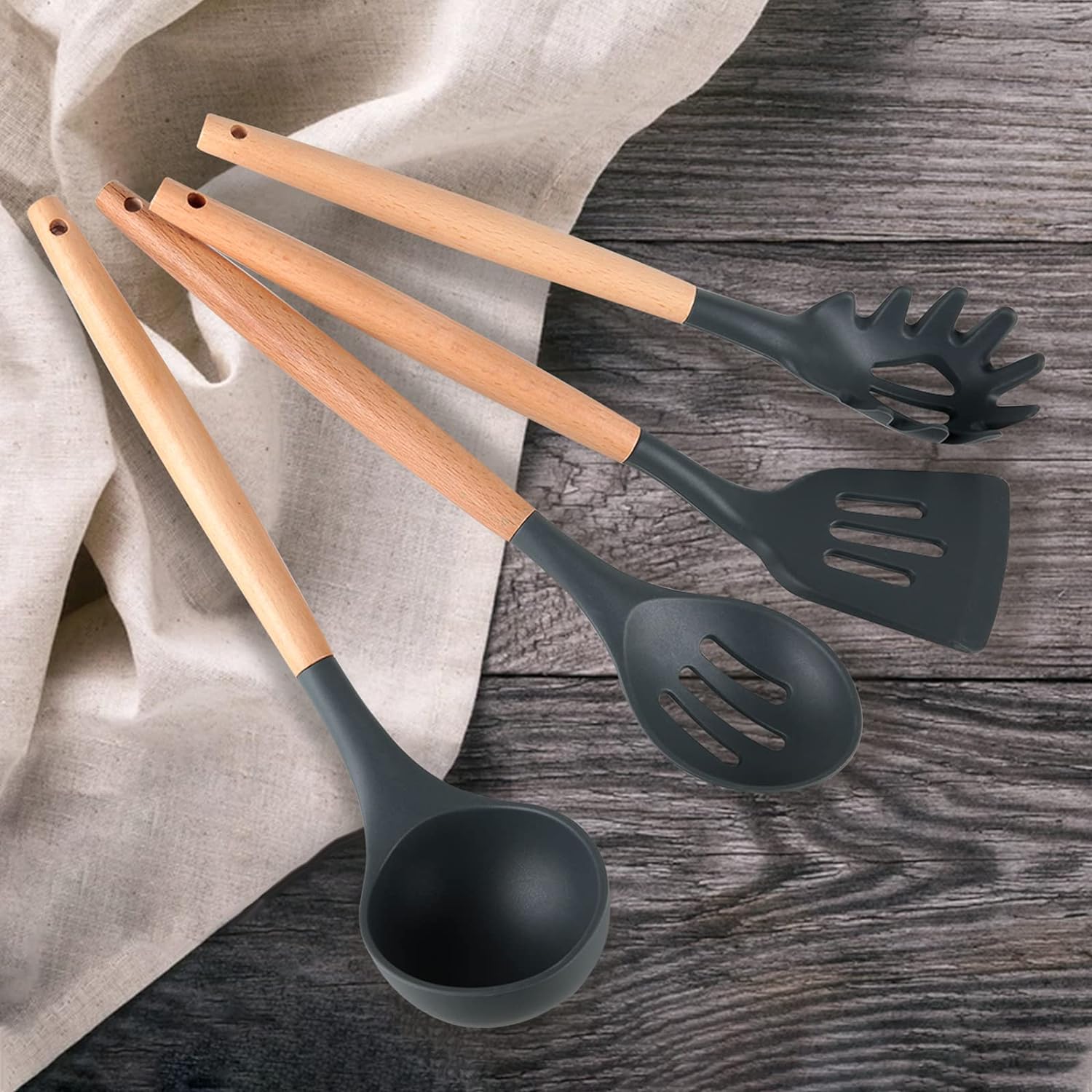 12 Pcs Non - Stick Heat Resistant Kitchen Utensils Spatula Set With Wooden Handle And Storage Cup