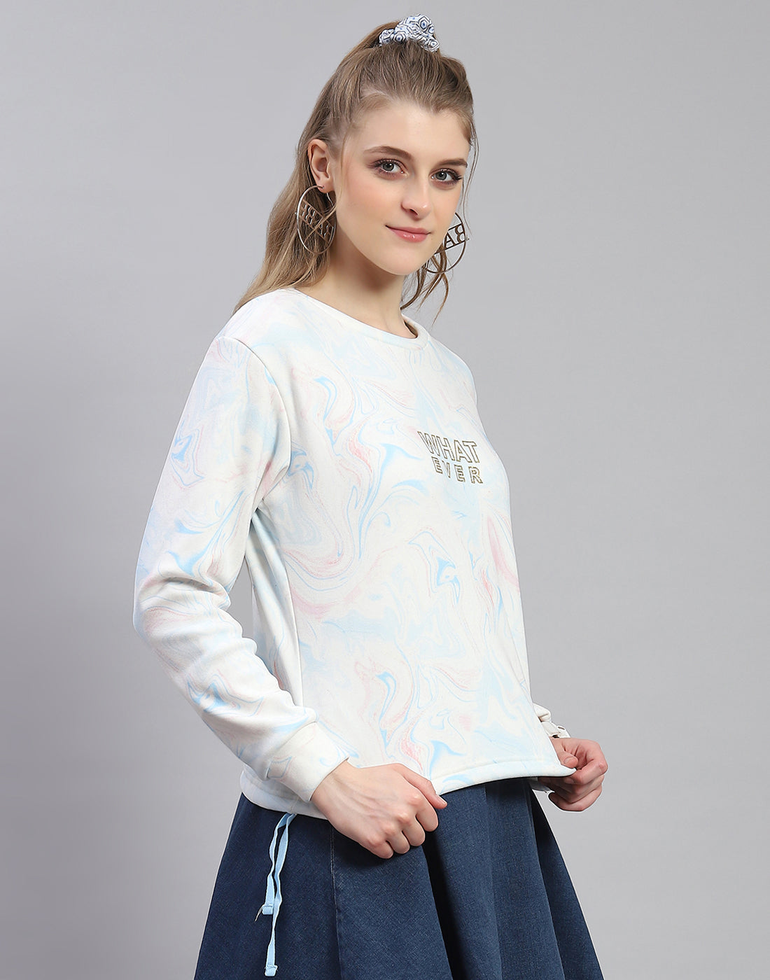 Women Turquoise Blue Printed Round Neck Full Sleeve Sweatshirt