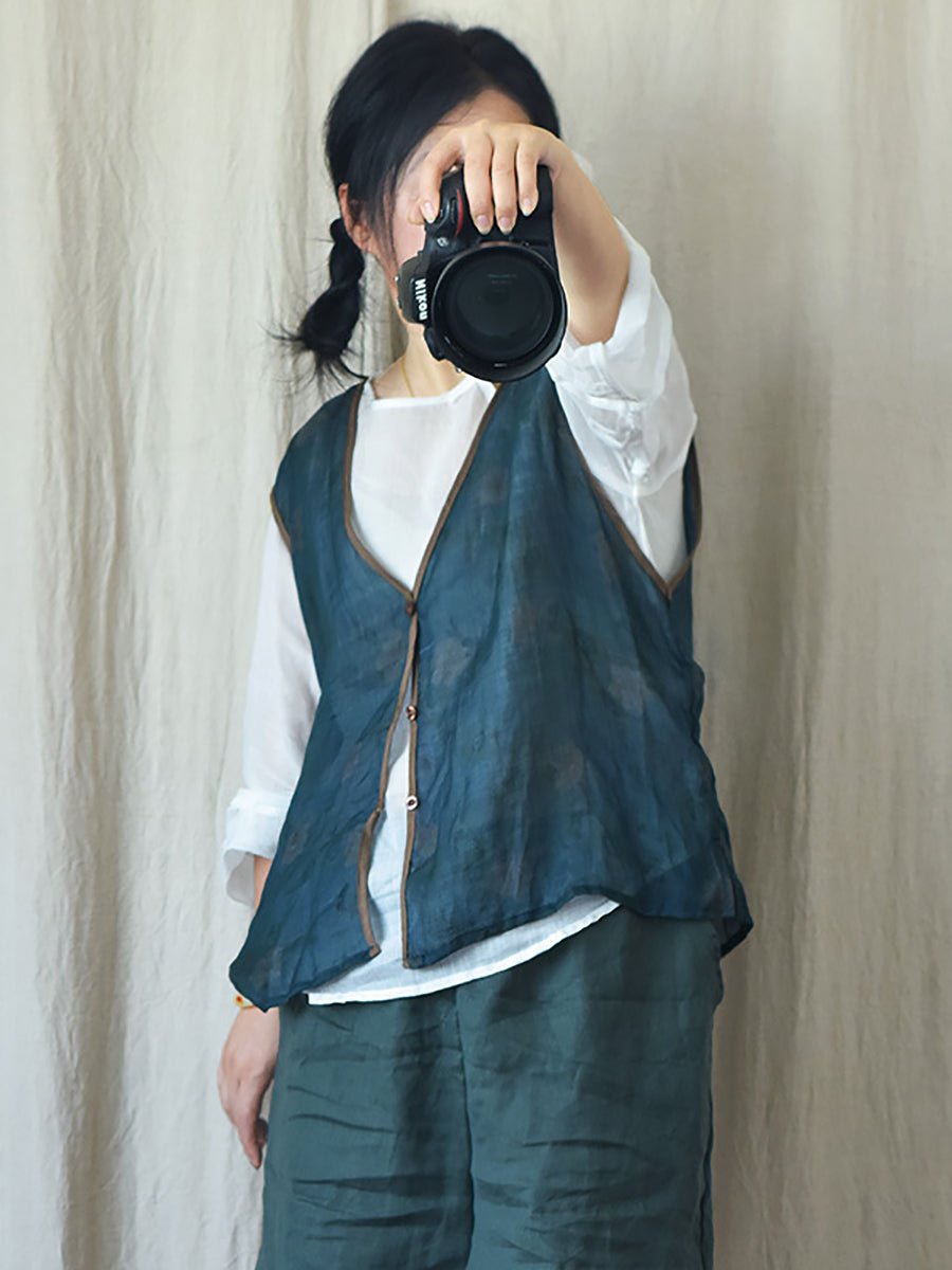 Women Vintage Floral Print Ramie Vest