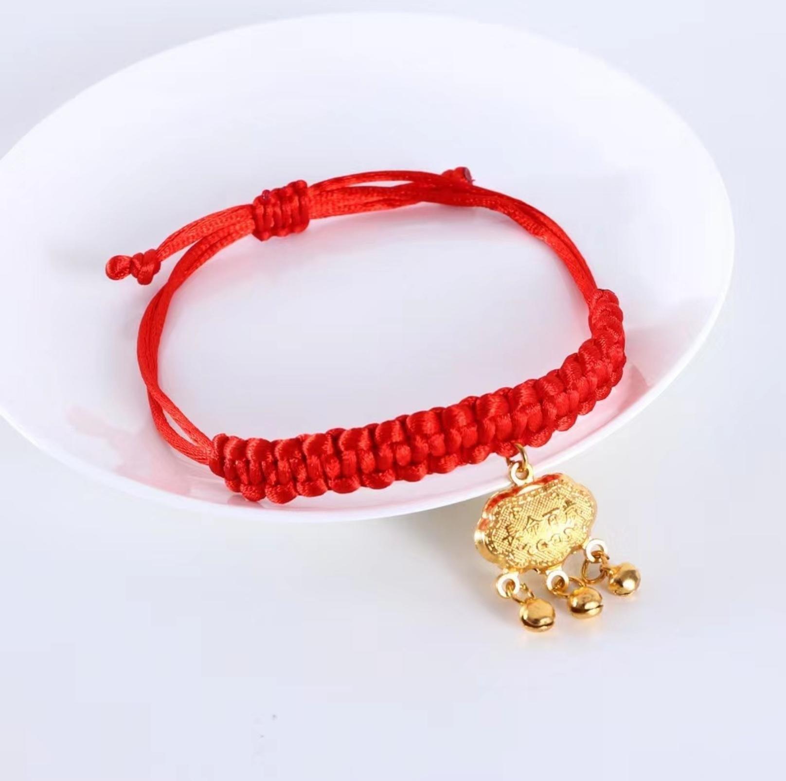 Pet Woven Red String Adjustable Collar With Chinese Style Forturne Pendants